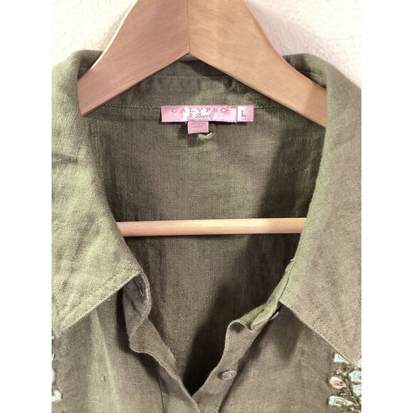 CALYPSO St Barth NWOT Olive Linen Blue Embroidery Long Sleeve Shirt Midi Dress L - Picture 3 of 6